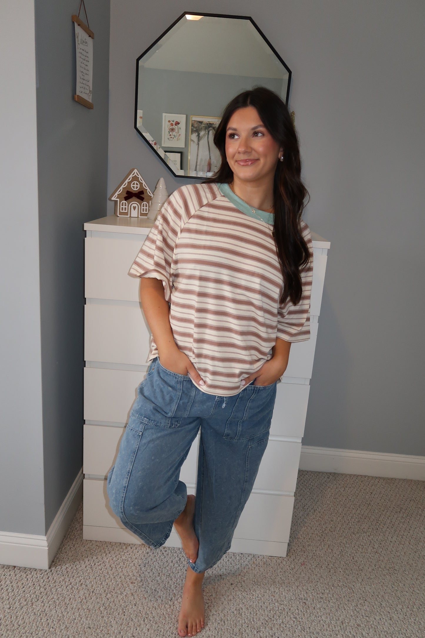 Boyfriend Striped Tee - Taupe/Teal
