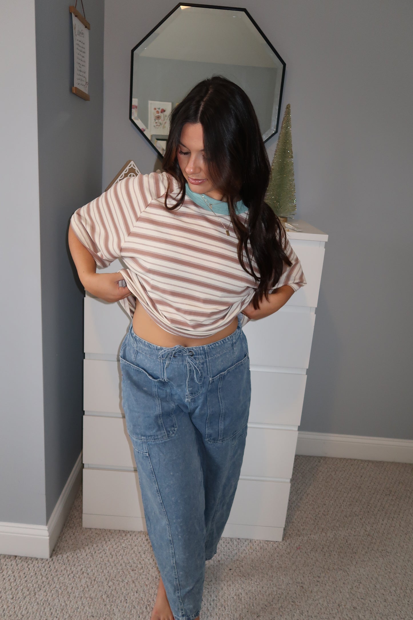 Boyfriend Striped Tee - Taupe/Teal