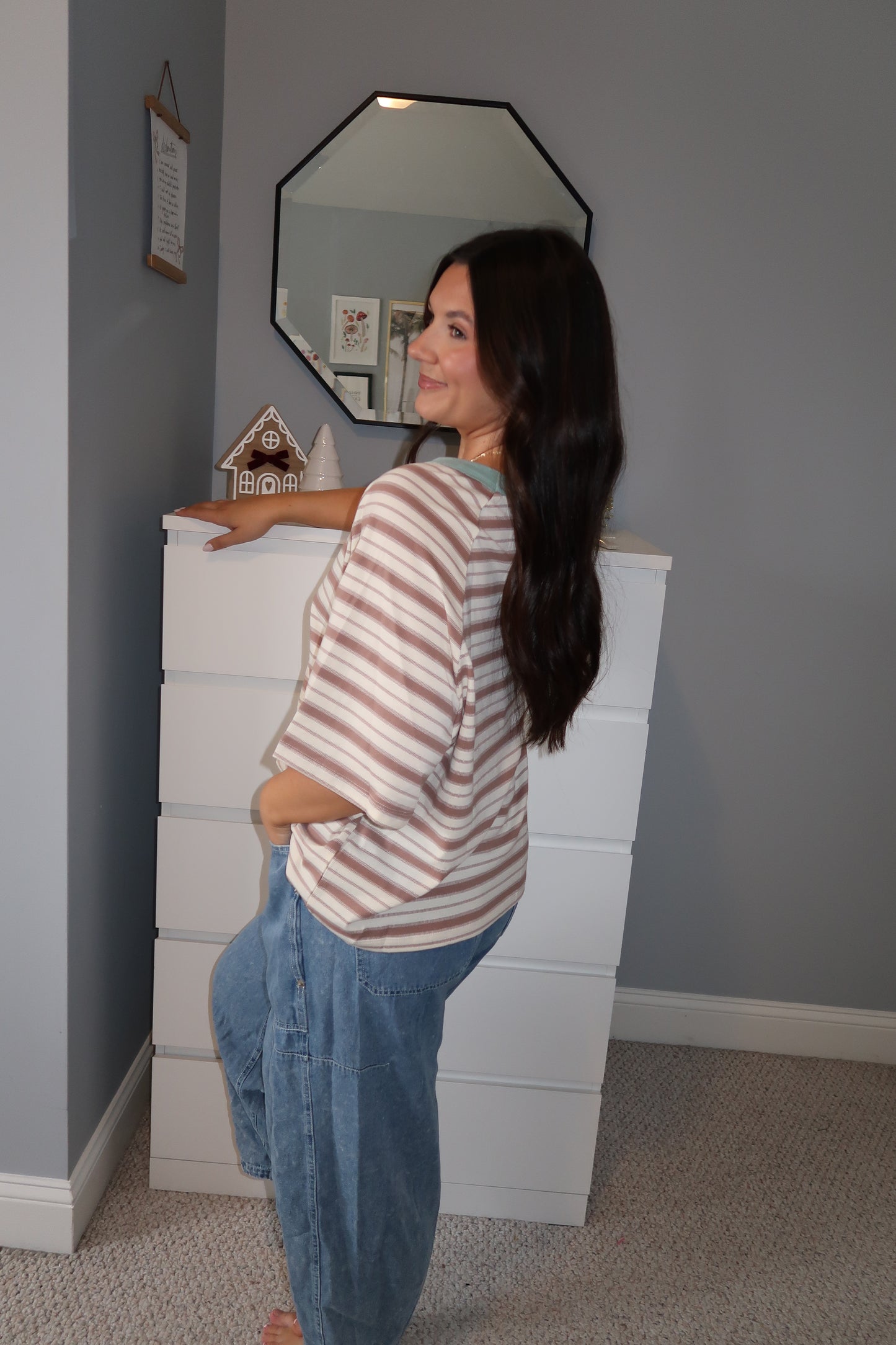Boyfriend Striped Tee - Taupe/Teal