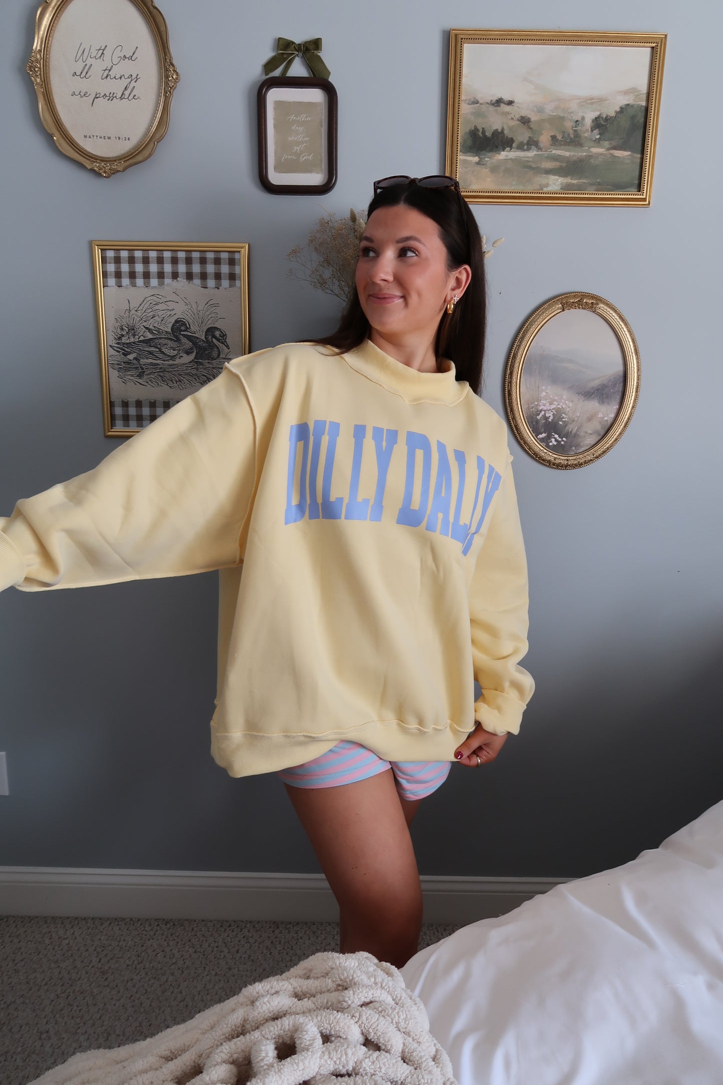 Dilly Dally Embroidered Mock Neck Sweatshirt - Yellow