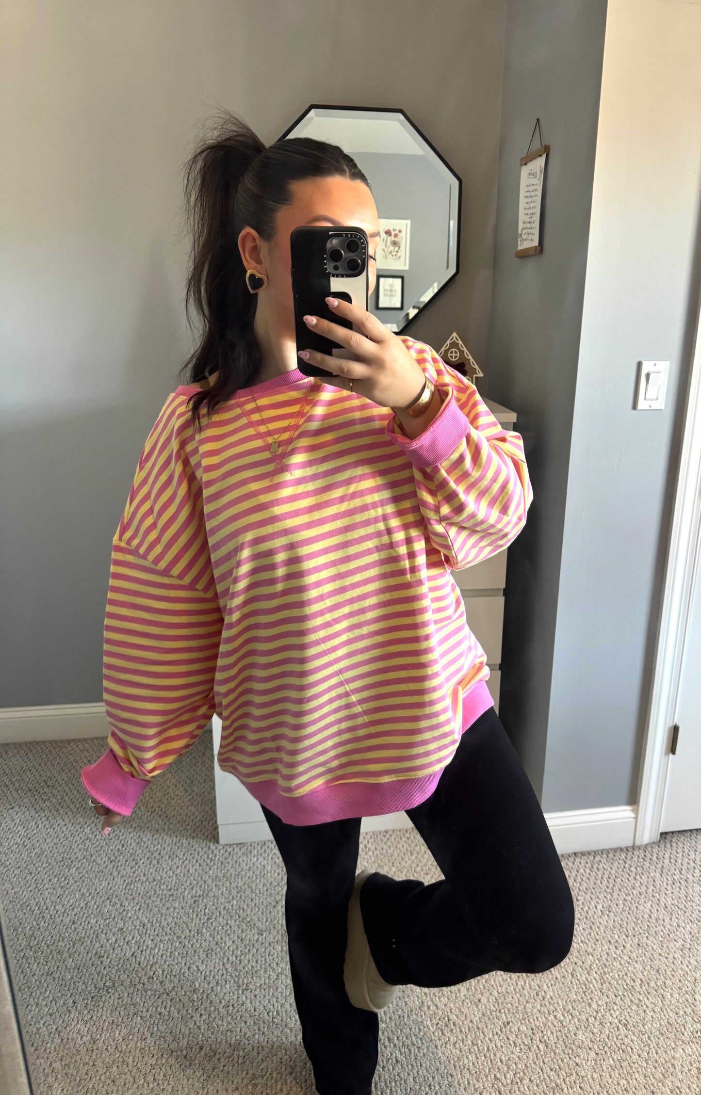 Coffee Run Striped Sweatshirt - Pink & Yellow