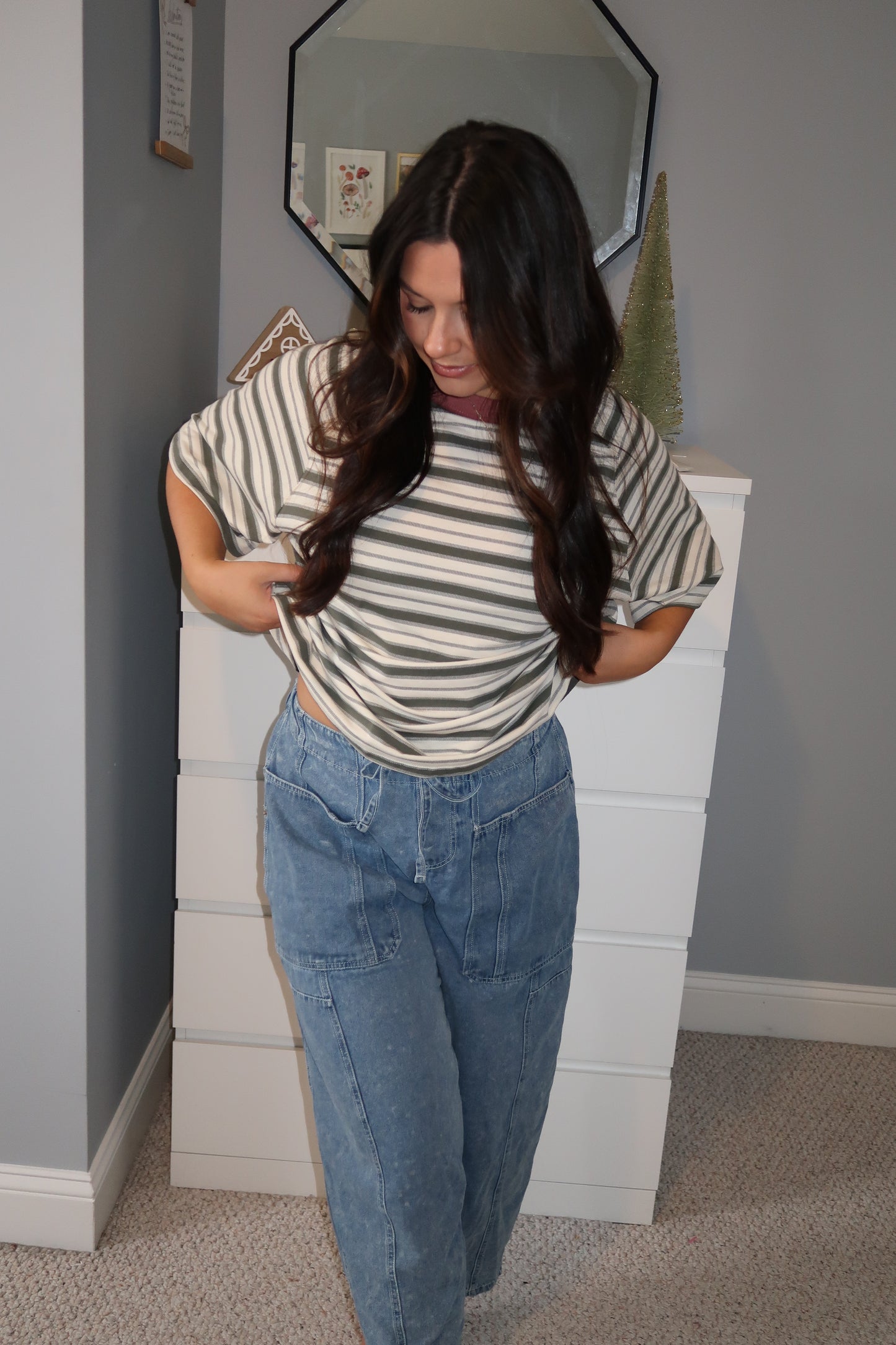 Boyfriend Striped Tee - Olive/Rose