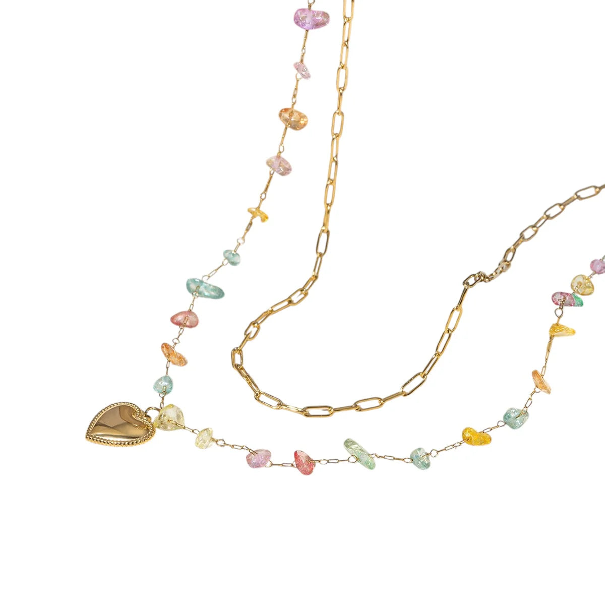 Pastel Gem Necklace With Heart Pendant - 18K Gold Plated