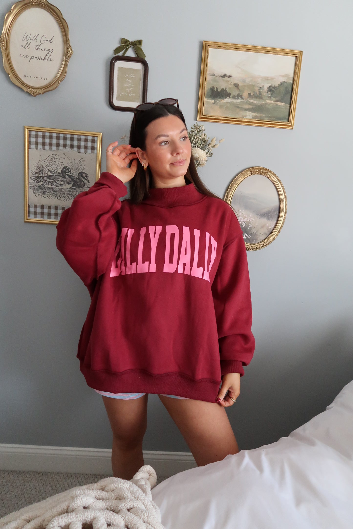 Dilly Dally Embroidered Mock Neck Sweatshirt - Burgundy