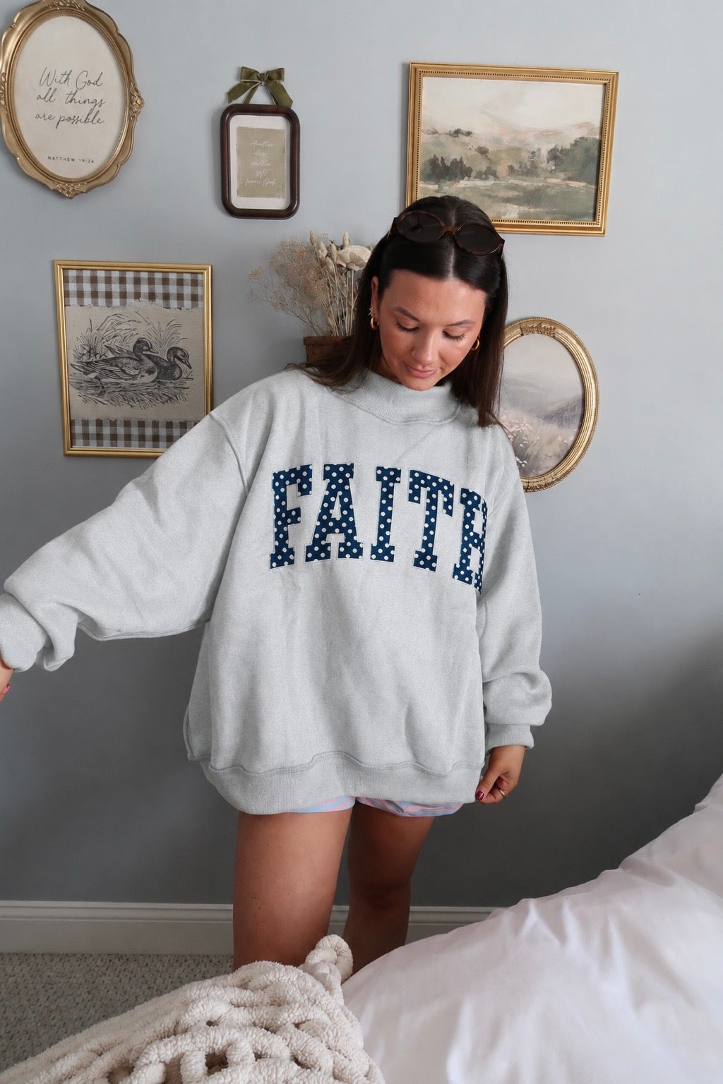 Faith Embroidered Mock Neck Sweatshirt - Heather Grey
