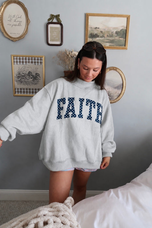 Faith Embroidered Mock Neck Sweatshirt - Heather Grey