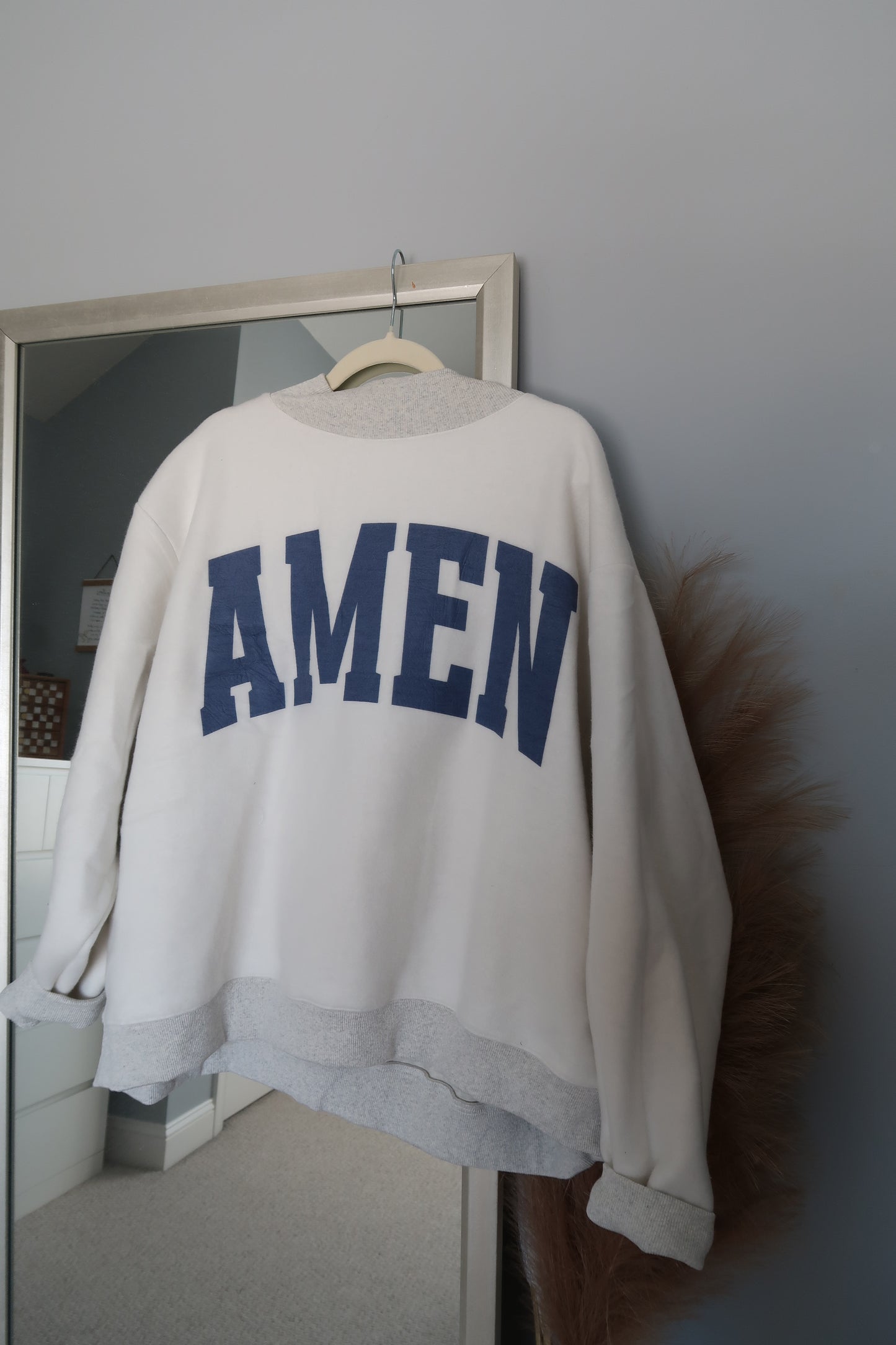 WWJD & Amen Reversible Embroidered Mock Neck Sweatshirt - Heather Grey