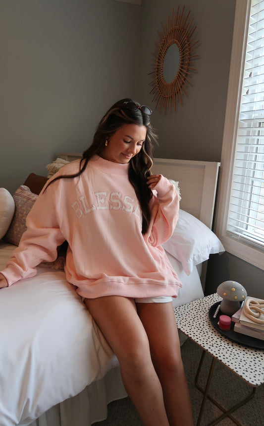 Blessed Embroidered Mock Neck Sweatshirt - Baby Pink