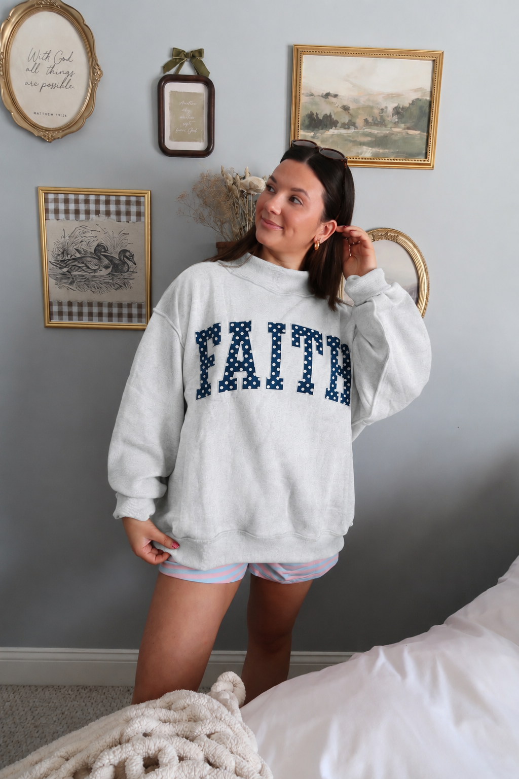 Faith Embroidered Mock Neck Sweatshirt - Heather Grey