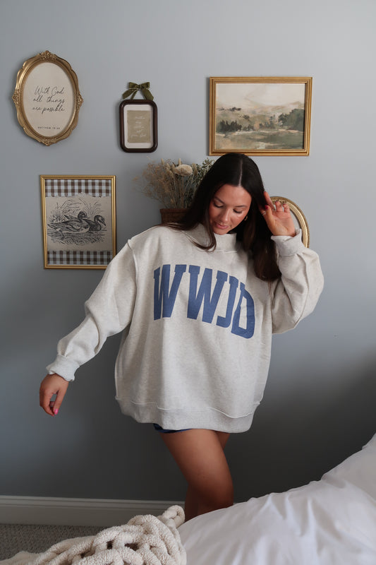 WWJD & Amen Reversible Embroidered Mock Neck Sweatshirt - Heather Grey