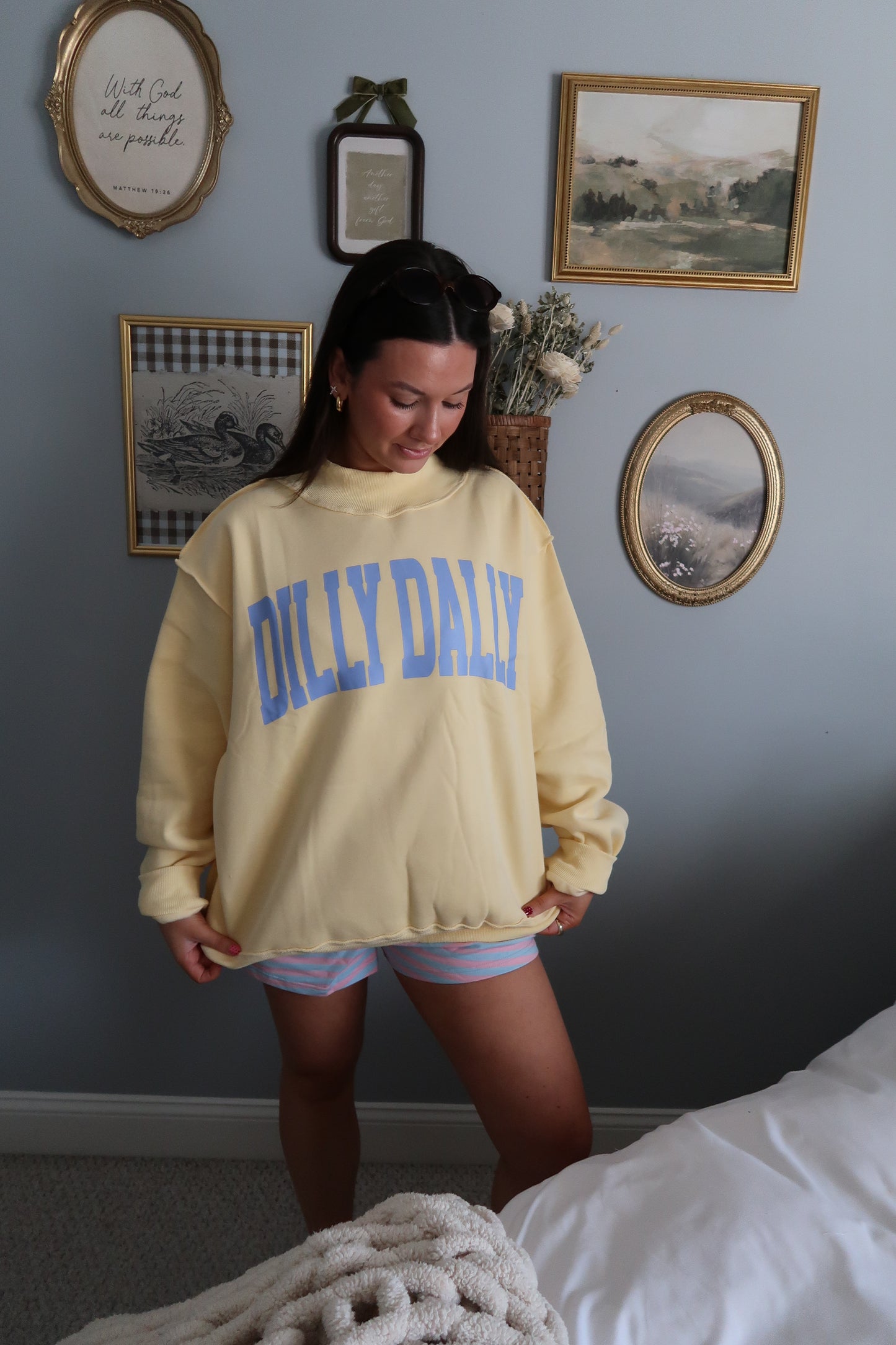 Dilly Dally Embroidered Mock Neck Sweatshirt - Yellow