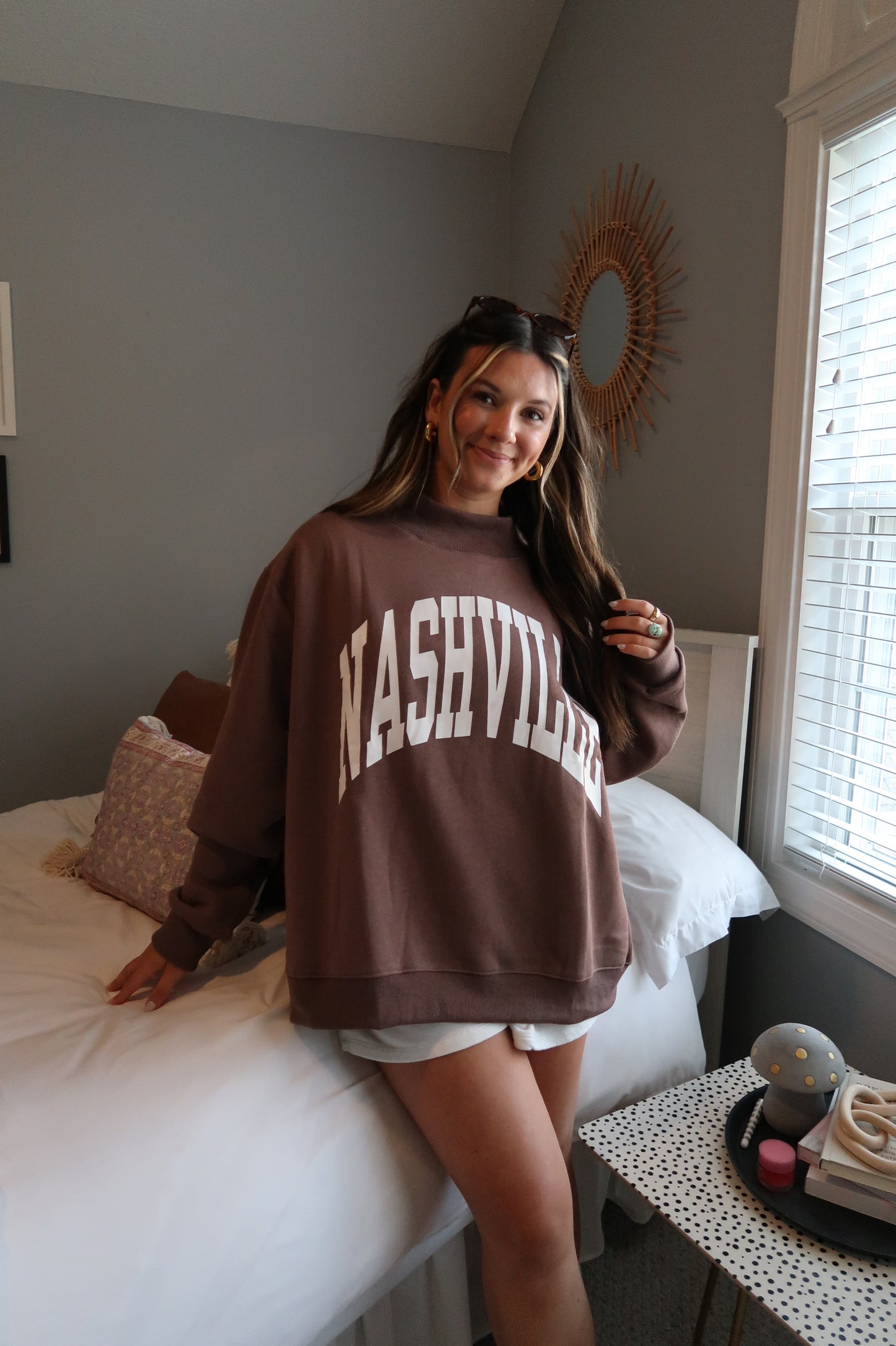 Nashville & Broadway Reversible Embroidered Mock Neck Sweatshirt - Mocha