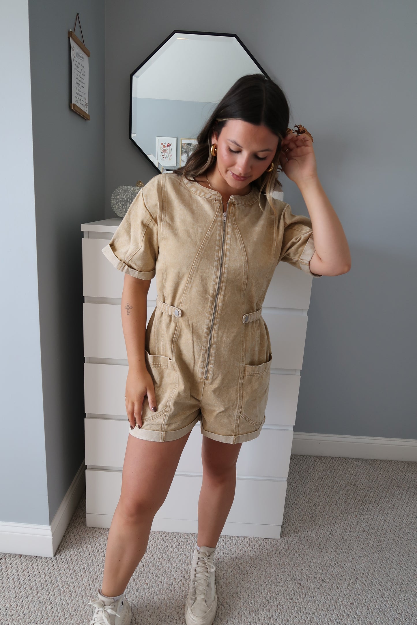 Morgan Cargo Romper - Washed Camel