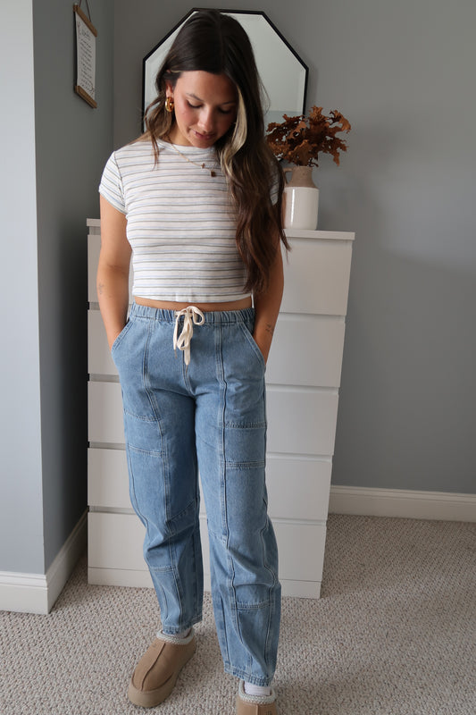Heidi Mid Rise Drawstring Jeans - Medium Wash