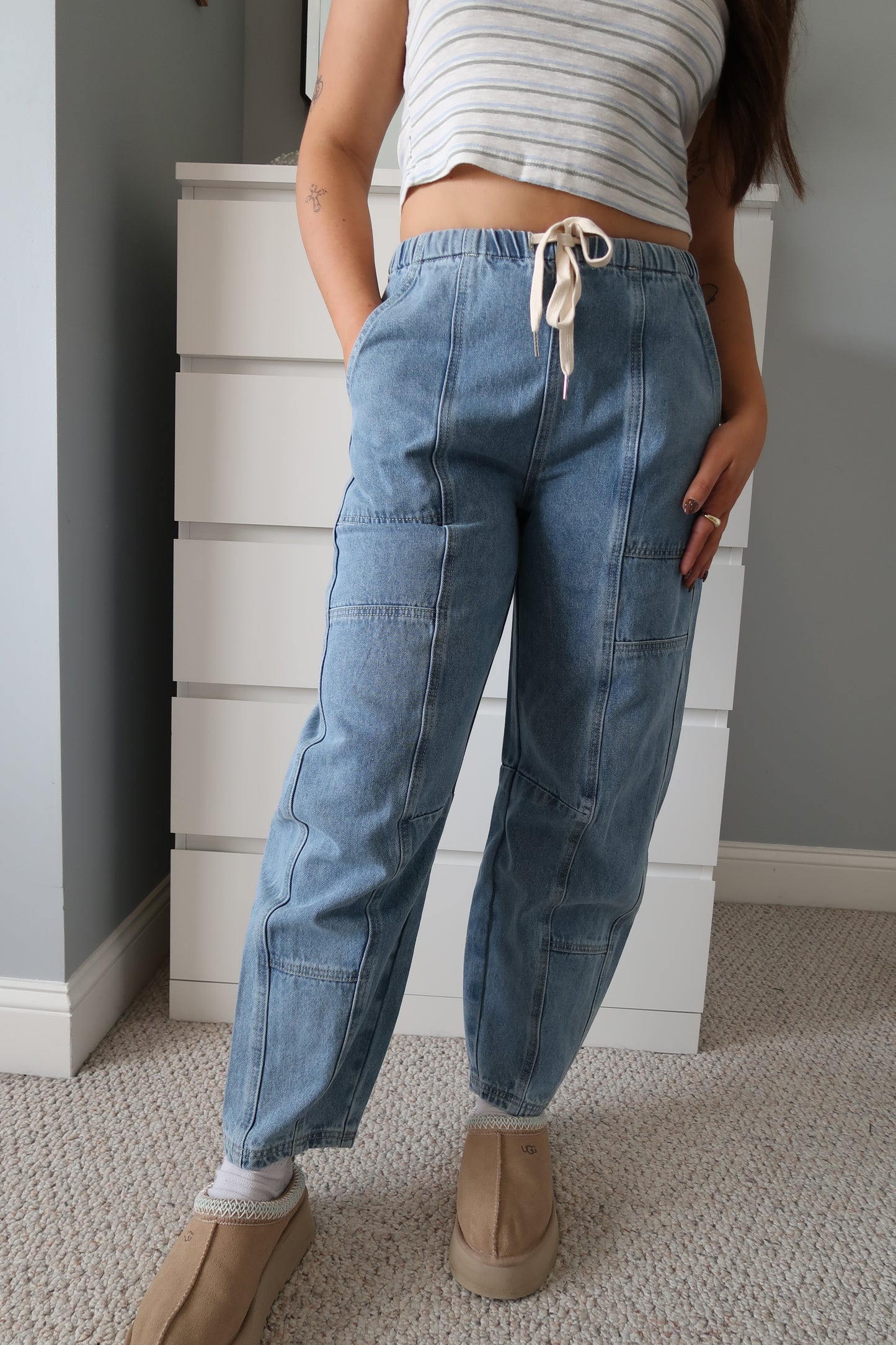 Heidi Mid Rise Drawstring Jeans - Medium Wash