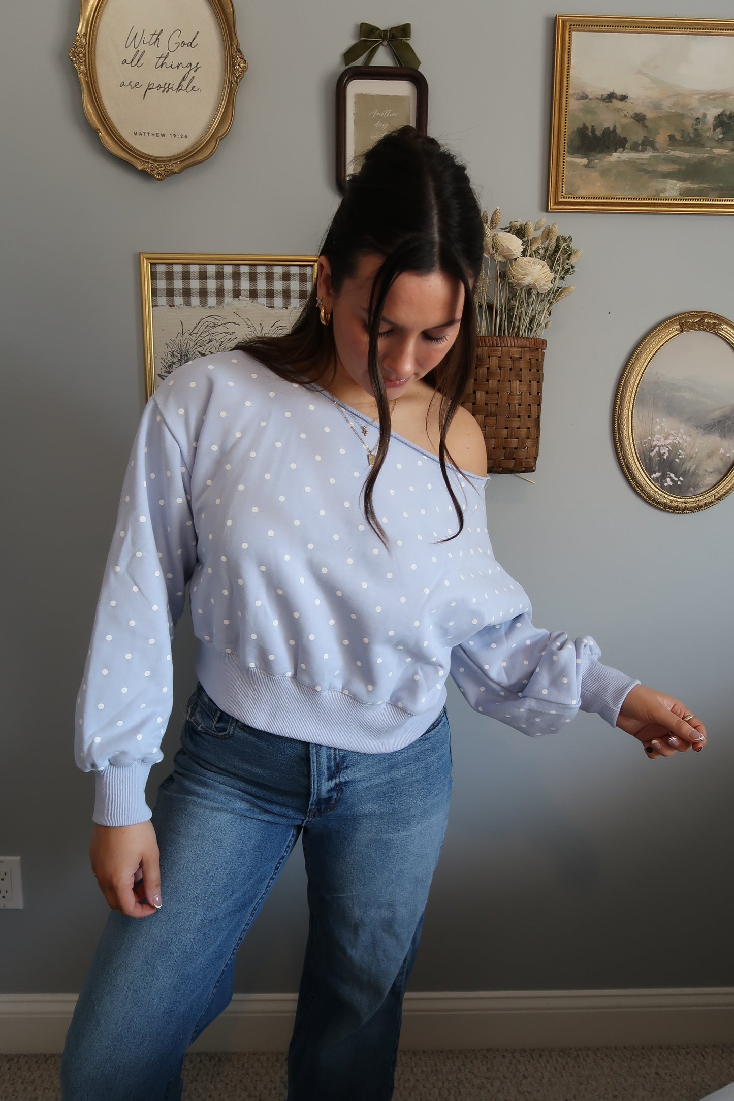 Sophia Off The Shoulder Polka Dot Sweatshirt - Blue