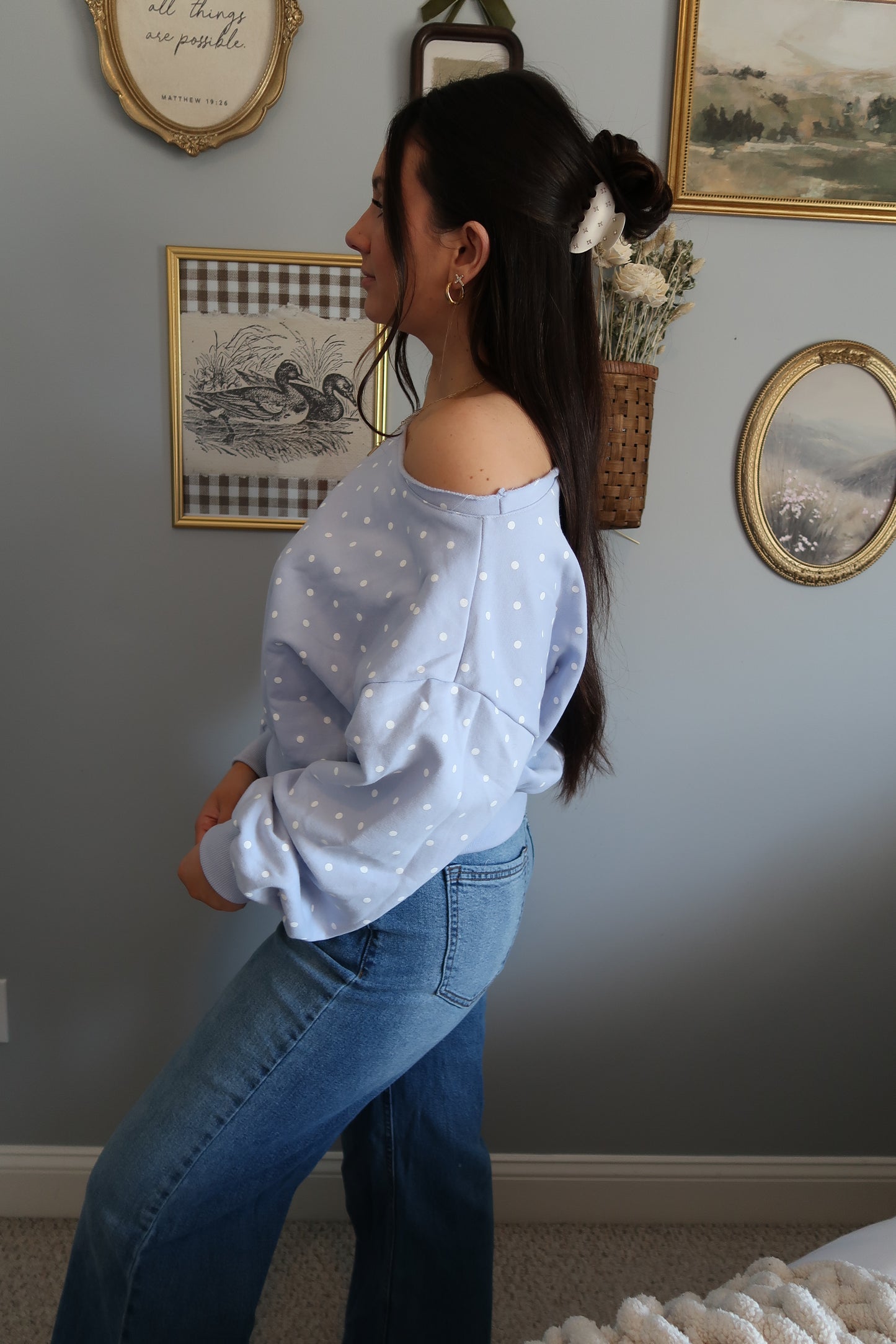 Sophia Off The Shoulder Polka Dot Sweatshirt - Blue